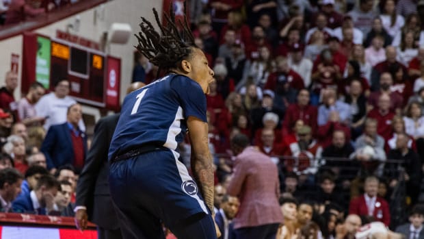 Penn State Nittany Lions guard Ace Baldwin Jr. (1) celebrates a made basket in the second half against the Indiana Hoosiers at Simon Skjodt Assembly Hall.